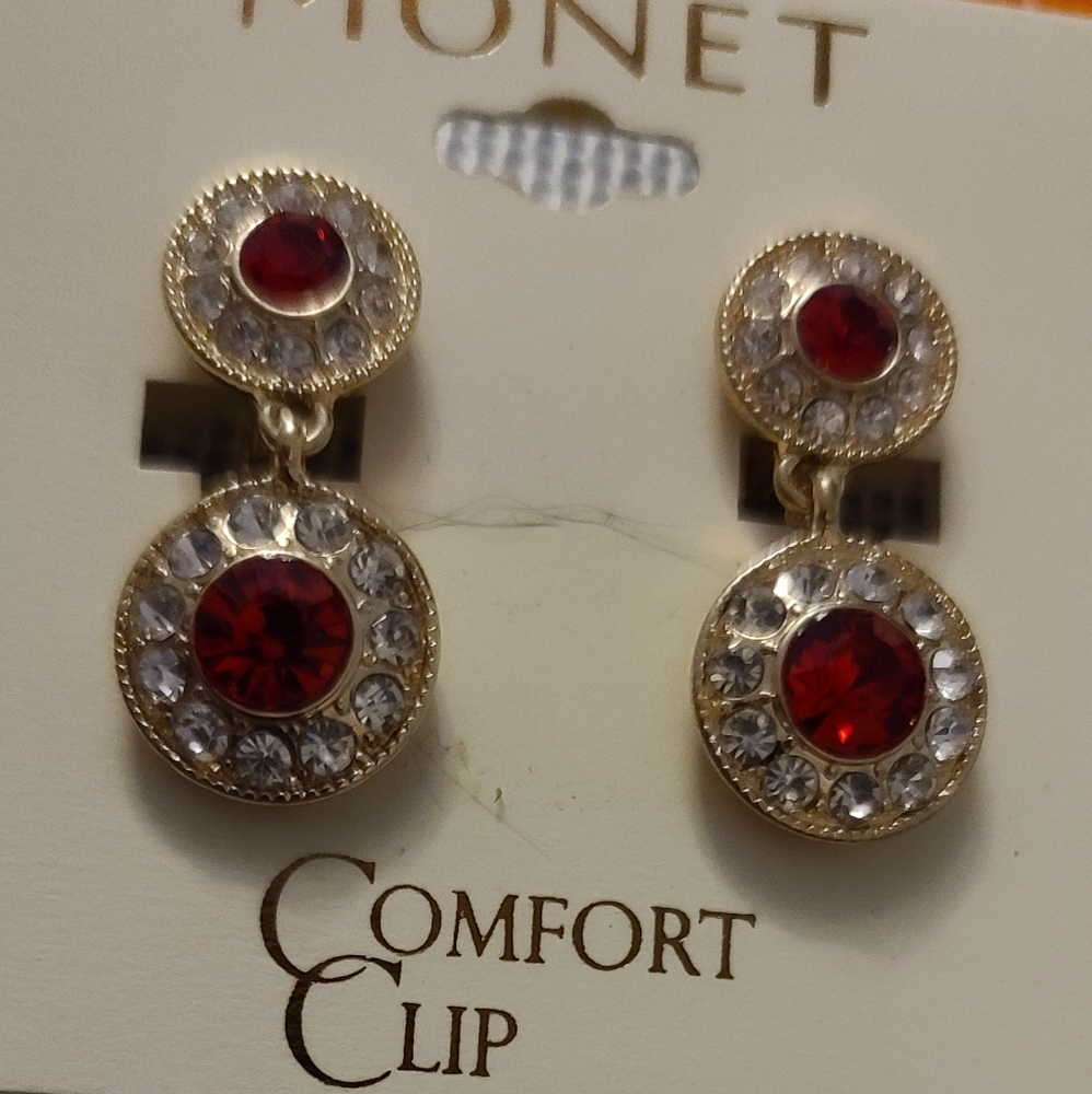 Monet comfort clip on earrings red crystal